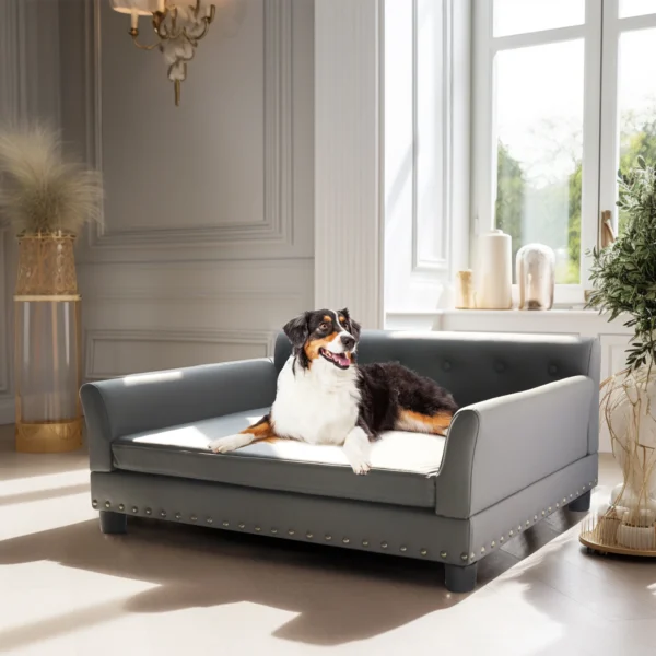 Luxury Elevated Dog Bed Sofa – Microfiber Leather Snuggle Lounge with Removable Cushion - Image 2