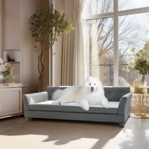 Luxury Elevated Dog Bed Sofa – Microfiber Leather Snuggle Lounge with Removable Cushion